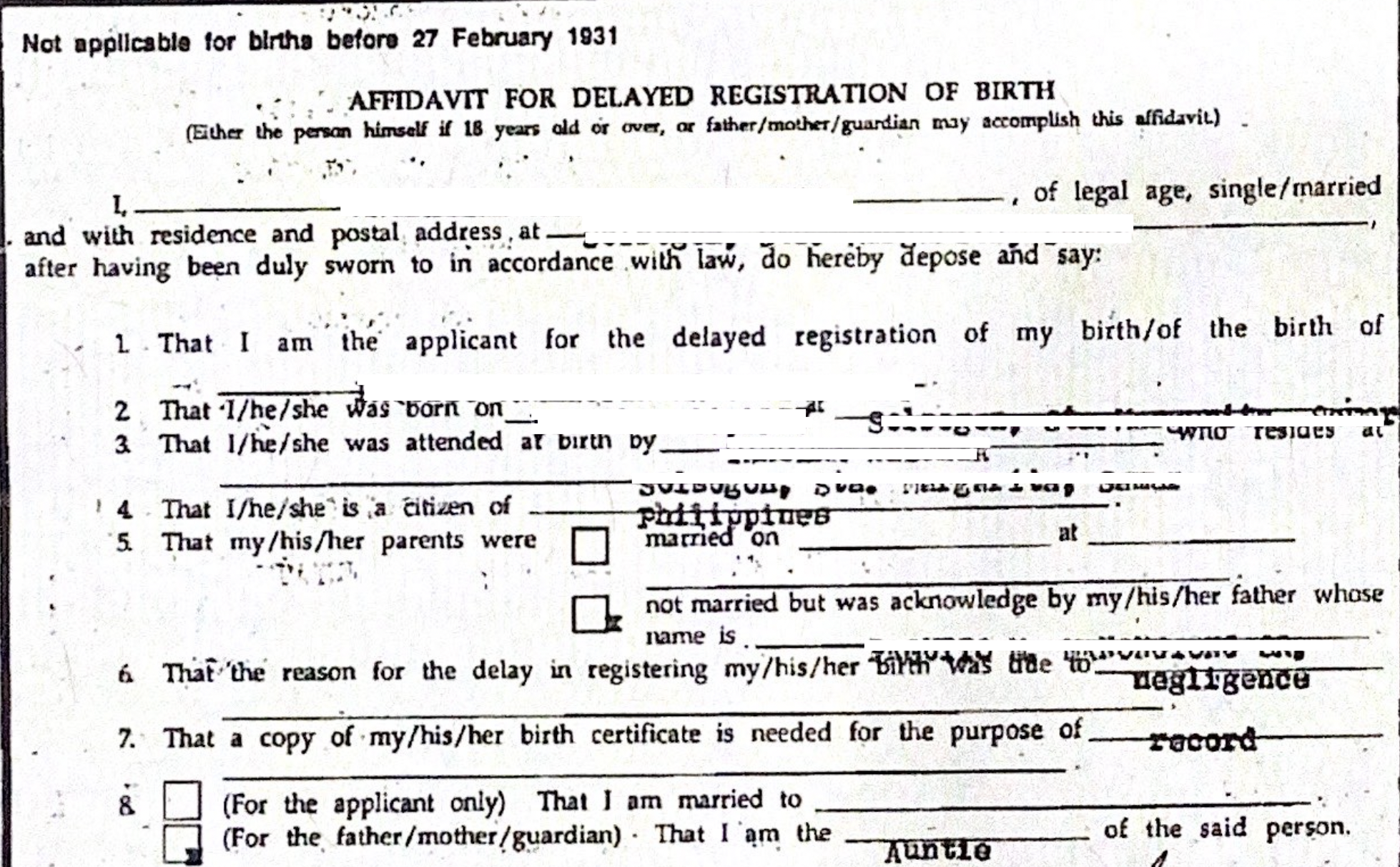 フィリピン出生遅延登録宣誓供述書（Affidavit for Delayed Registration of Birth）