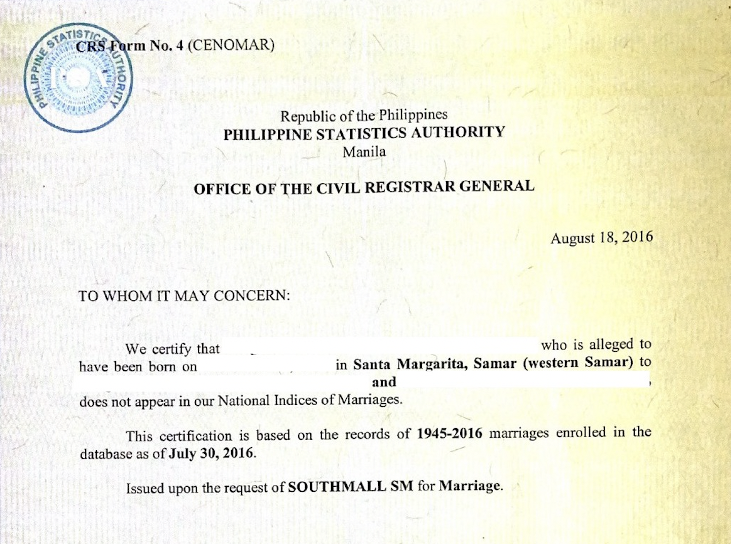 フィリピン無婚姻証明書（Certificate of No Marriage Record:CENOMAR）