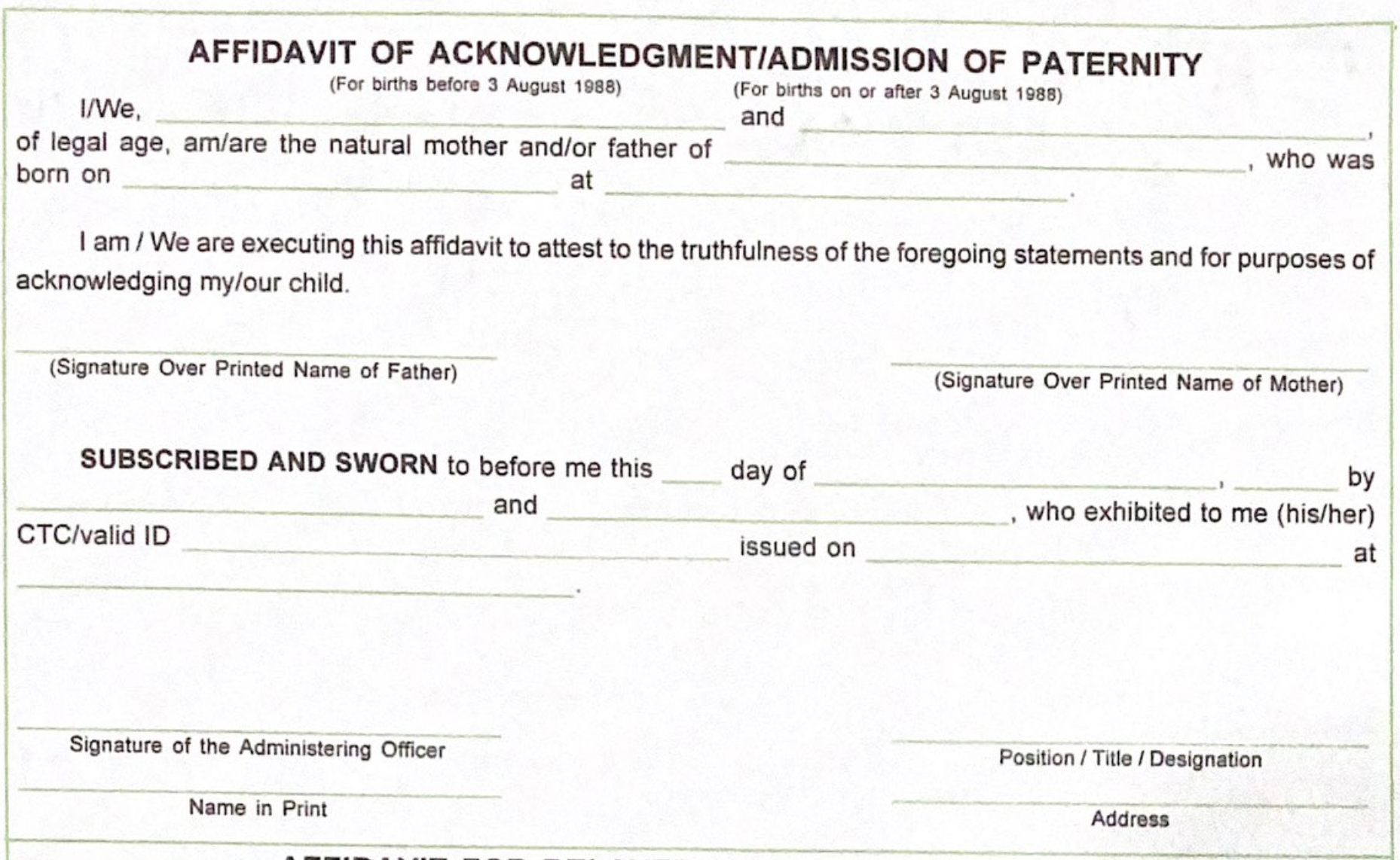 フィリピン認知宣誓供述書（Affidavit for Acknowledgement/Admission of Paternity）